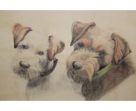 Mixed media on paper, portrait of two Yorkshire terriers, stamped monogram, 12ins x 15.5ins 