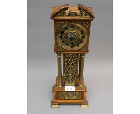 Edwardian oak and brass mounted miniature longcase clock with a replacement quartz movement, 17ins high 