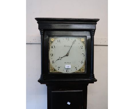 George III stained pine longcase clock, the square hood with turned pilasters above a rectangular panel door and conforming p