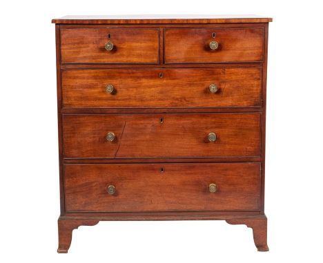 A George IV mahogany rectangular chest, the top with an ebony strung edge, containing two short and three long drawers, on sp