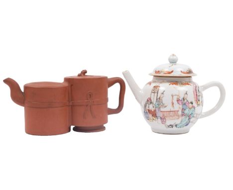 A Chinese Yixing double-chamber teapot and cover and a famille rose teapot and cover the first with ribbon tied band, the cov