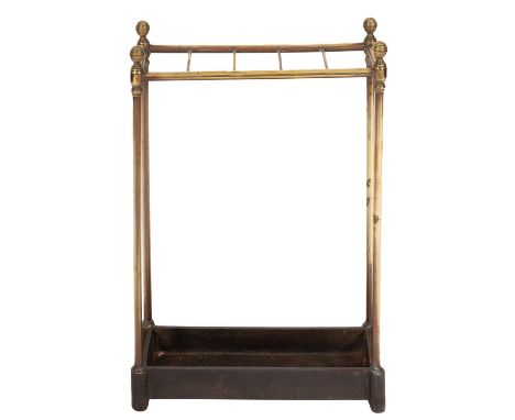 A late Victorian brass five-division stick and umbrella stand, 19th century; with ball finials and iron rectangular base; 61c