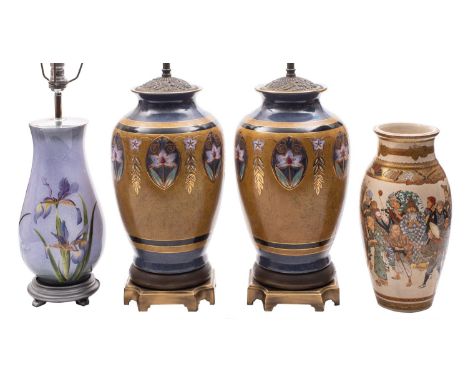 A pair of contemporary ceramic vase table lamps and one similar total height 64cm ; together with a Japanese satsuma figural 