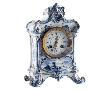 Japy Frères, a blue and white Delft porcelain mantel clock the eight-day duration movement striking the hours and half-hours 
