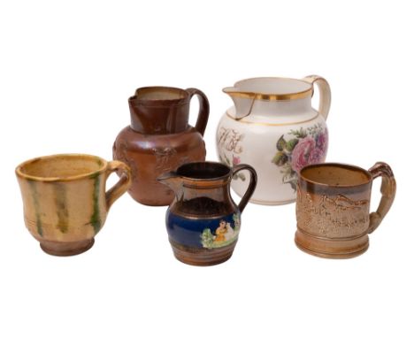A group of English ceramic jugs, comprising a Hicks & Meigh porcelain presentation jug enamelled front and verso with bouquet