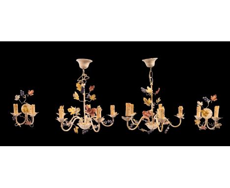 A pair of Italian painted metal five light chandeliers, second half 20th century; the electrical sockets above pressed metal 