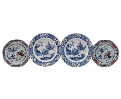 A pair of Chinese blue and white plates in Kangxi style and a pair of octagonal plates the first pair each painted with a hun