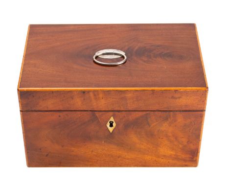 A late George III mahogany and sycamore strung tea caddy, circa 1800; the hinged cover with white metal ring handle; the inte