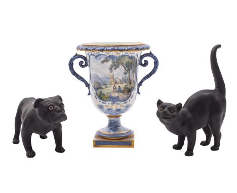 Two Wedgwood black basalt animals designed by Ernest Light and a Royal Crown Derby porcelain vase the pug dog and cat with gl