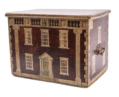 A Victorian pine small trunk or slipper box, painted overall as a Georgian mansion, late 19th century; with hinged cover, the