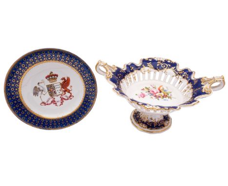 A  Derby porcelain plate enamelled with the armorial device for Erskine within a blue and gilt decorated border, painted red 