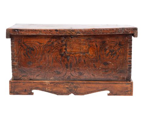 A Venetian style Cedarwood cassone, late 16th century and later; of small size, the rectangular hinged top, the front panel d