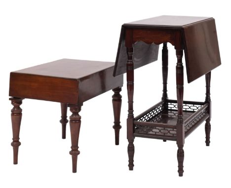 An Edwardian mahogany drop flap occasional table; with a rectangular hinged top, on turned legs united by a pierced fret gall