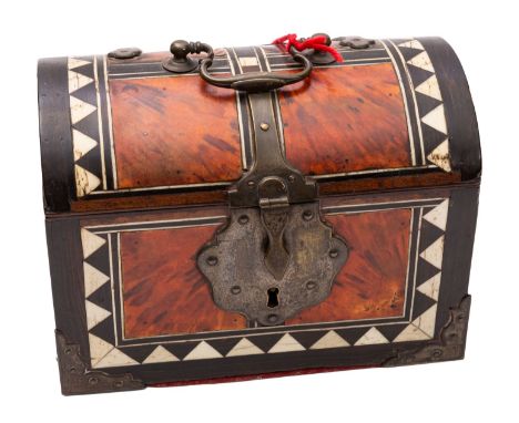 A tortoiseshell and bone veneered tea caddy, third quarter 19th century; the domed top, front back and sides with rectangular