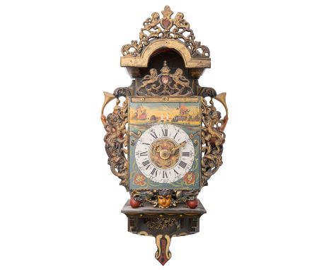 A Dutch contemporary stoelklok wall clock the weight-driven movement striking on a bell, the dial painted with floral and riv