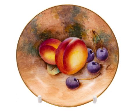 A Royal Worcester fruit painted plate and a similar small dish the first painted with peaches, grapes and a blackberry by H.H