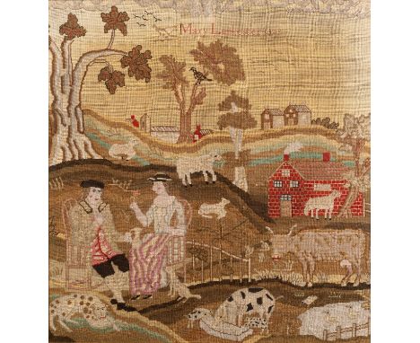 An early 18th century needlework sampler by Mary Lankester; worked in coloured wools depicting a lady and gentleman seated in