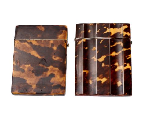 Two early Victorian tortoiseshell, white metal mounted and ivory banded visiting card cases, mid 19th century; of rectangular