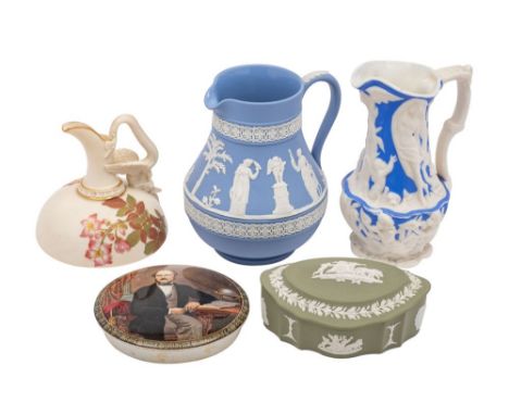 A Royal Worcester ivory ground ewer and other items, the former of bell shaped form with serpent handle printed with blooms, 