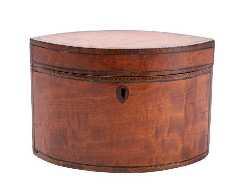 A George III fruitwood and chequer strung tea caddy, last quarter 18th century; of navette section; 12cm high, 18cm wide; (sp
