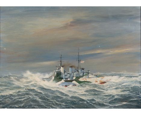 * John Alan Hamilton (British, 1919-1993)A first World War frigate in dazzle camouflageOil on board44.5 x 60.5 cmSigned lower