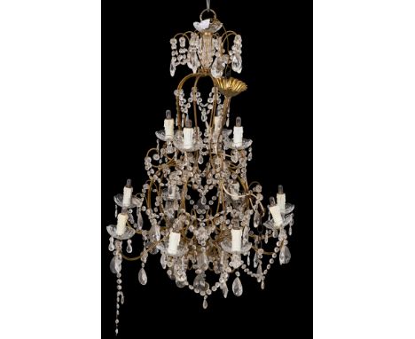 A metal and cut glass hung twelve light chandelier in Louis XV taste; 20th century; the electrical fitments in drip pans arra
