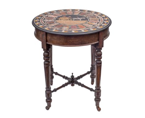 An Italian, pietra dura topped walnut circular occasional table, probably Rome, late 19th century; the central tondo with a d