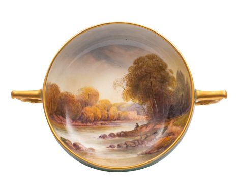 A Royal Worcester porcelain two handled bowl, the interior painted by Raymond Rushton with a figure in a riverside landscape,