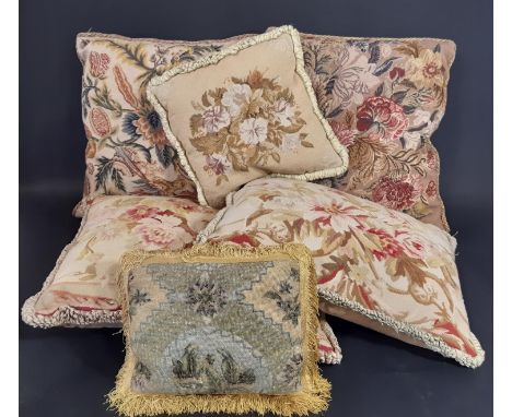 6 needlepoint cushions, most velvet backed, together with a basket of curtain tie-backs 
