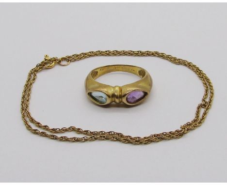 9ct pear cut gem dress ring set with amethyst and spinel, size O and a 9ct rope twist chain necklace, 5.8g total (2) 