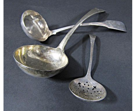 Late Victorian sauce ladle, London 1896, smaller ladle, Edinburgh 1828 and a sifting spoon, 3.5oz approx (3) 