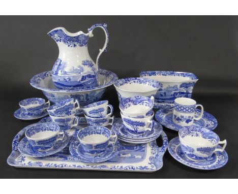 A Copeland Spode Italian pattern blue and white printed jug and basin set, together with further matching wares comprising an