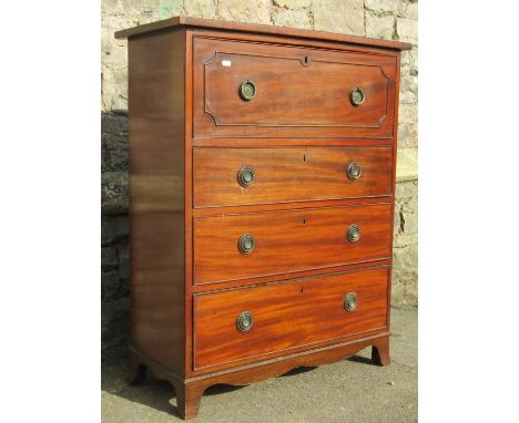 A small and narrow 19th century mahogany secretaire chest of four long drawers, the upper with brass button release fall fron