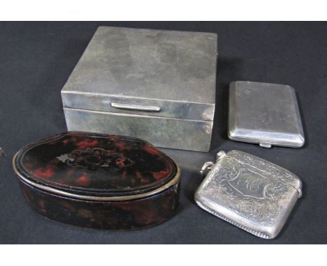A silver cigarette box, a vesta case, a card case and a Georgian snuff box (4) 