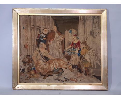 Vintage hand worked needlepoint tapestry depicting an interior medieval scene, framed, overall size 75x65cm 