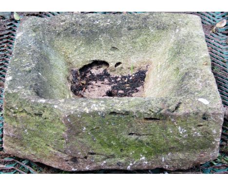 A carved and weathered natural stone drain/shallow trough of square form, (AF), 50 cm square x 16 cm high 