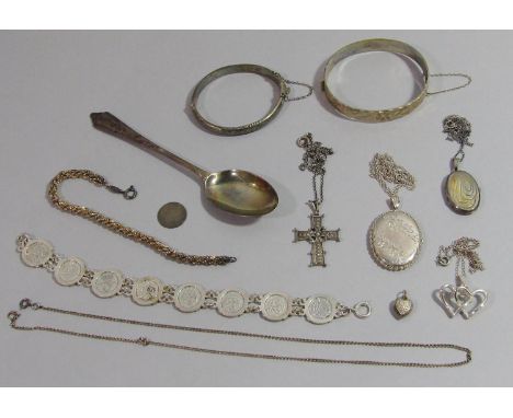 Mixed silver jewellery to include two hinged bangles with engraved detail, a German cross pendant necklace set with marcasite