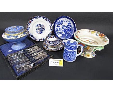 A collection of blue and white printed ceramics including a George Jones Abbey pattern hot water jug, a pair of Spode Blue Ro
