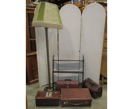 A cast brass standard lamp, the stem in the form of a Corinthian column raised on a marble and brass stepped platform and lio