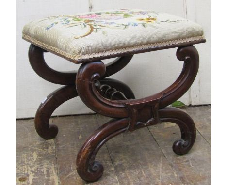 A late Regency period X framed centre stool in mahogany with hand worked tapestry top, 45cm square 