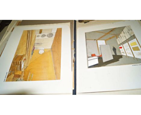 A portfolio containing an extensive collection of 1960s art college course work, including design for an exhibition stand for