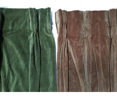2 pairs vintage curtains, lined with triple pleat heading; approx sizes for green/  caramel pairs;  lengths 1.56m/ 2.1m, fixe