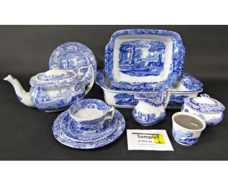 A quantity of Spode Italian pattern blue and white printed wares comprising two large graduated serving dishes of rectangular