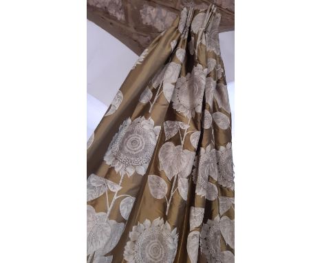 1 pair of good quality full length curtains in silk 'Palladio' fabric by Sanderson, with ivory sunflower motifs on an olive/g