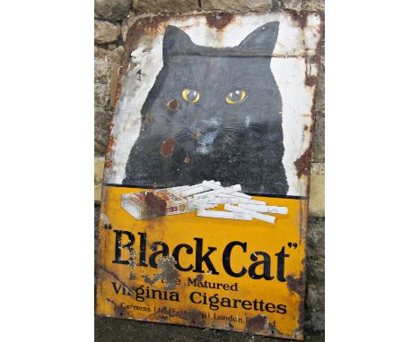 An old enamel sign of rectangular form advertising Black Cat Pure Matured Virginia Cigarettes, 90 cm x 61 cm (AF) 