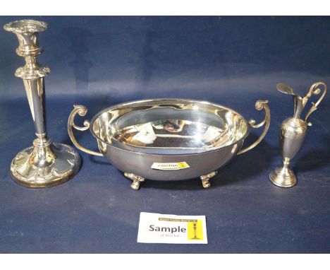 A silver plated oval tureen dish, a drinks tray, tea pot, pair of candlestick, etc 
