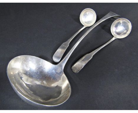 A George III silver ladle, 31 cm long, dated London 1805, plus two smaller sauce ladles, 5.8 oz approximately (3) 