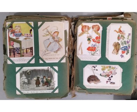 An album containing a mixed collection of postcards to include British and European topographical, humorous, romantic, etc, w