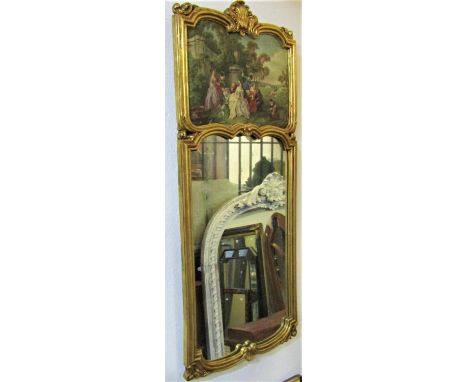 An antique style pier mirror, the stepped and moulded gilt frame partially enclosing a watteauesque style coloured print, 42c