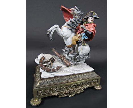A Capodimonte type equestrian model of Napoleon with impressed mark Bruno, raised on a cast metal base, 36cm tall including b